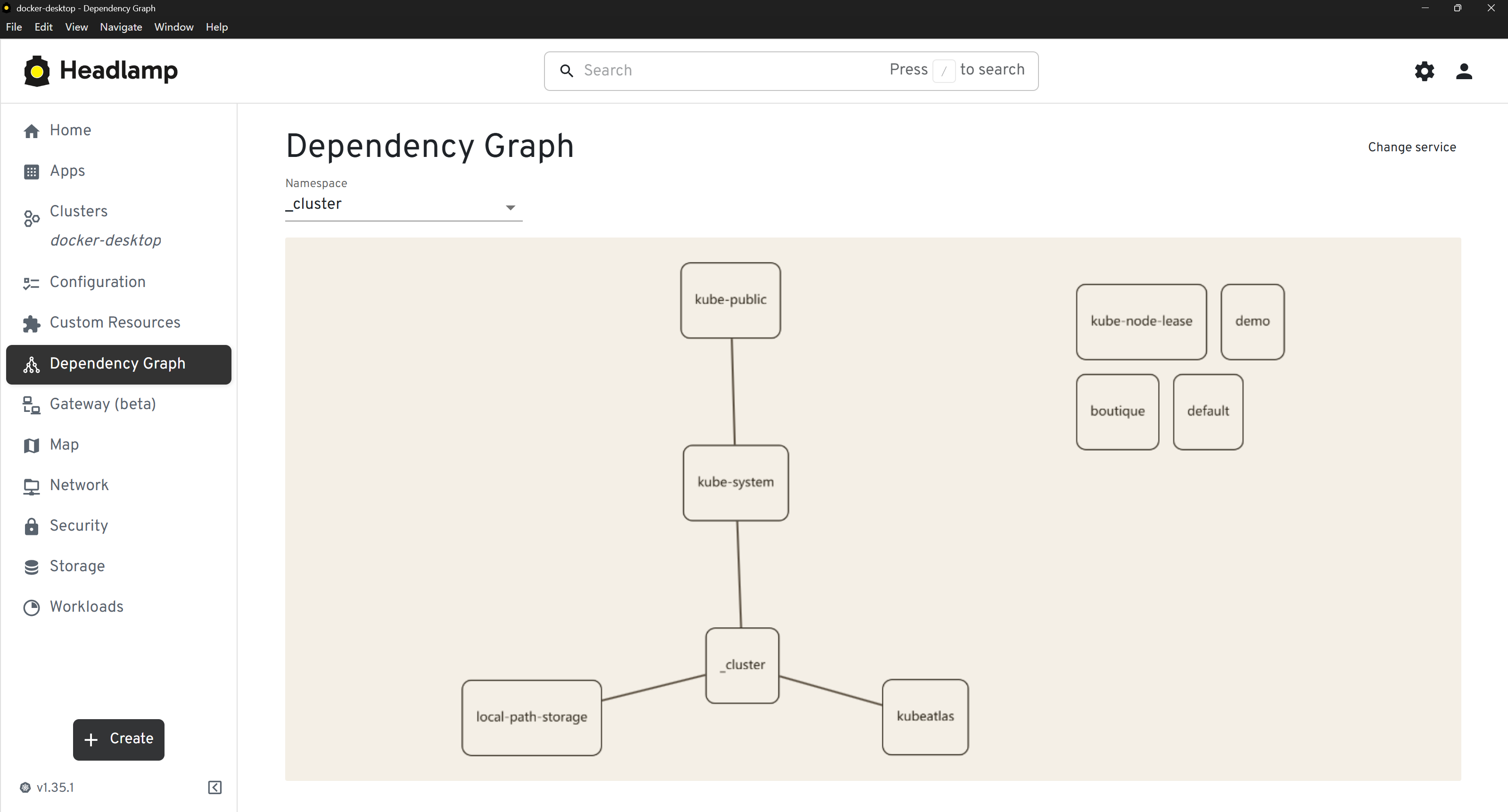 Cluster-level dependency graph rendered inside Headlamp using the cartography stylesheet.