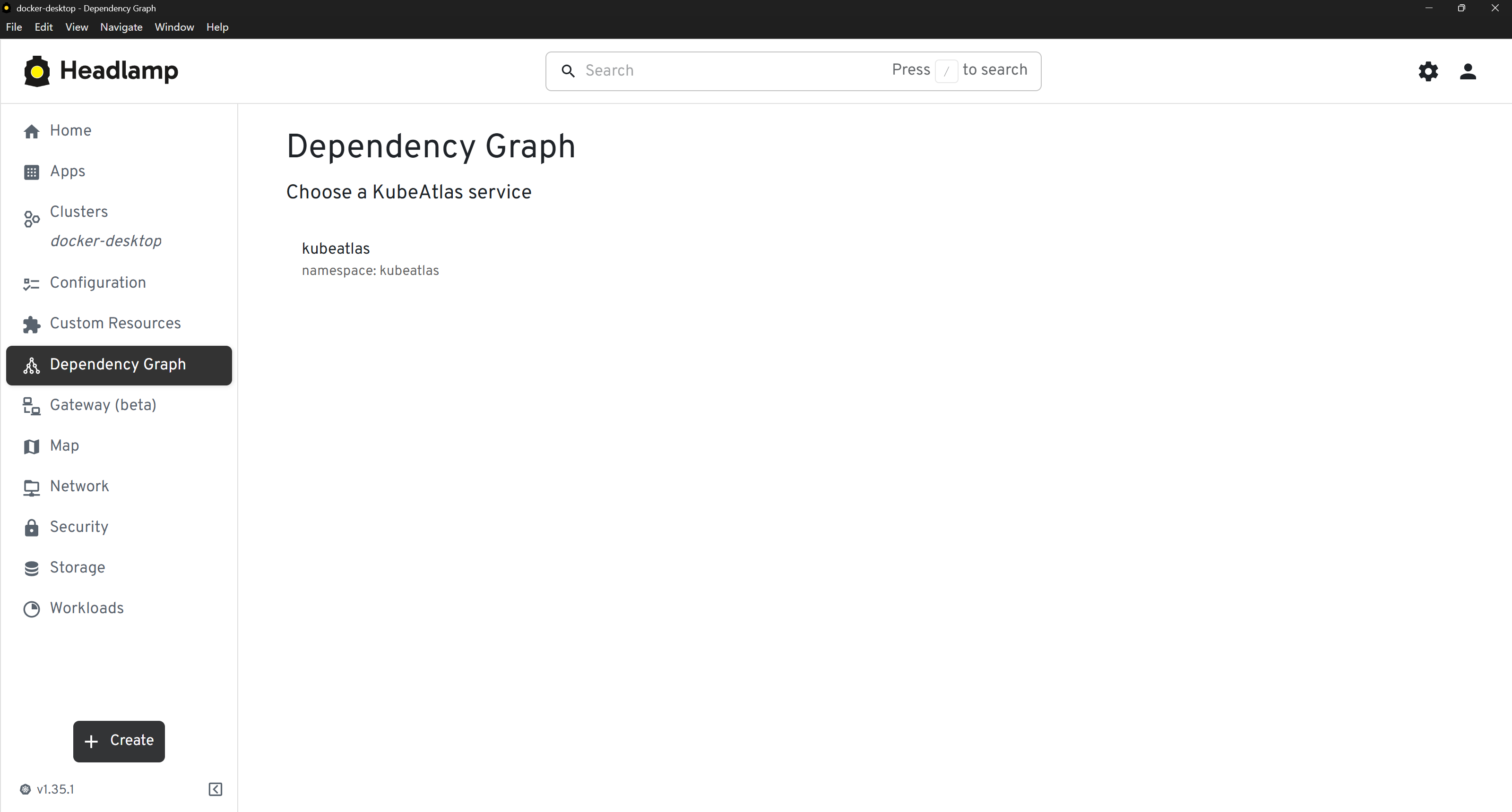 Headlamp sidebar showing the KubeAtlas Dependency Graph entry.