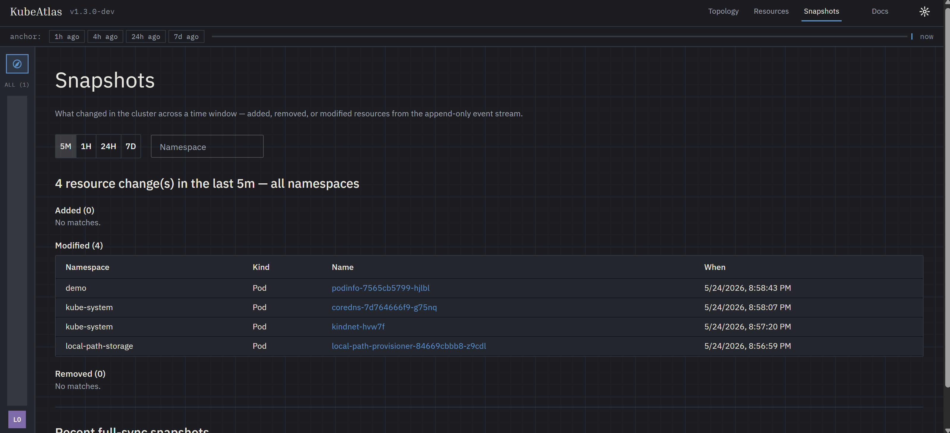 Snapshots page — window-picker presets, Added / Removed / Modified diff tables, snapshot-marker timeline.